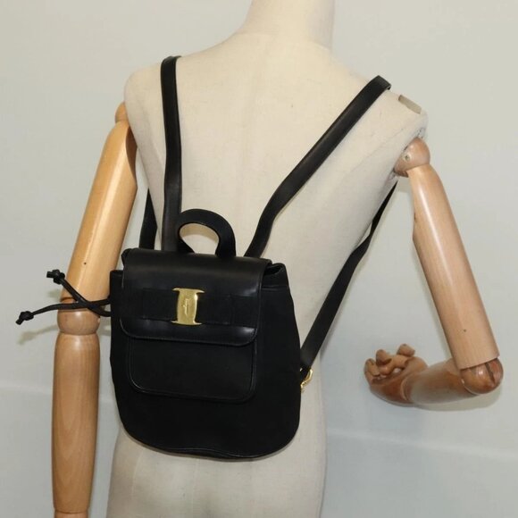 Salvatore Ferragamo Vala Vala Backpack Suede Black Gold Auth - Picture 1 of 16
